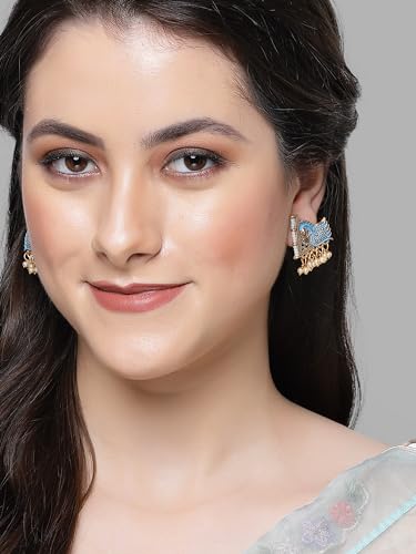 Image of Karatcart Silver Tone Diamond Shape Pink and Blue Carved Stone Studded Drop Earrings for Women