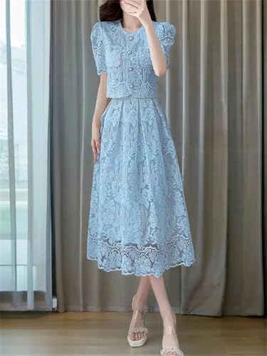Women Embroidery Lace 2 Piece Set Beaded Flower Single Breasted Short Top A Line Midi Skirt Suits High Qu2
