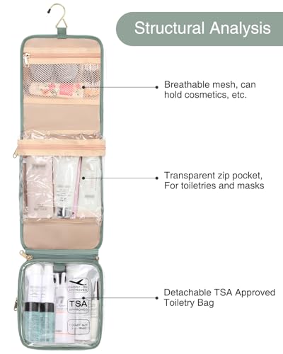 Relavel Travel Toiletry Bag for women with Detachable TSA Approved Toiletry Bag, Compact Hanging toiletry bag with Small Carry On 3-1-1 Clear Waterproof Travel Bags for Toiletries (Green,Small)3