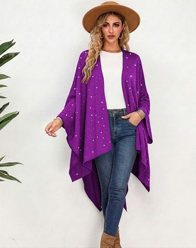 Image of Womens Rhinestones Open Front Poncho Shawl Wrap Cape Ruana Travel Blanket Cardigan