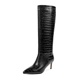 wetkiss Black Crocodile Knee High Boots for Women Womens Snake Knee High Boots Pointed Toe Tall Black Kitten Heel Boot