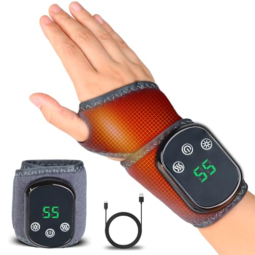 Rechargeable Cordless Wrist Heating Pad - Adjustable 5 Heat Levels & 3 Vibration Modes Fits Left & Right Hands for Work Travel Exercise