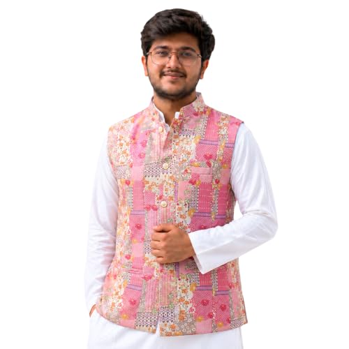 Image of Men's Premium Printed Modi Jacket with mandarin collar - Sleeveless Nehru Jacket made out of Suiting fabric [M to XXL]