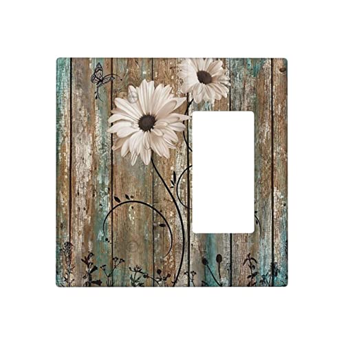 Placa de pared con combinación de margaritas rústicas de 2 bandas, 1 en blanco, 1 interruptor de luz basculante, cubierta de salida de placa de interruptor, 4.5 x 4.5 pulgadas