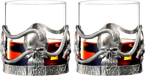 Lot de 2 verres à whisky, vin, bière et eau en étain - Motif tête de mort et serpent - 354,4 g - Verre à eau, rhum, brandy et scotch - Élégant,...