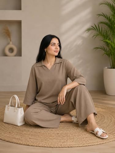 Image of Women's Co Ord Set for Women - Relaxed Fit Collared Top with 3 /4 Sleeves & Wide Leg Palazzo Pants, Casual Lounge Wear Matching Outfit for Daily Wear, Travel & Office