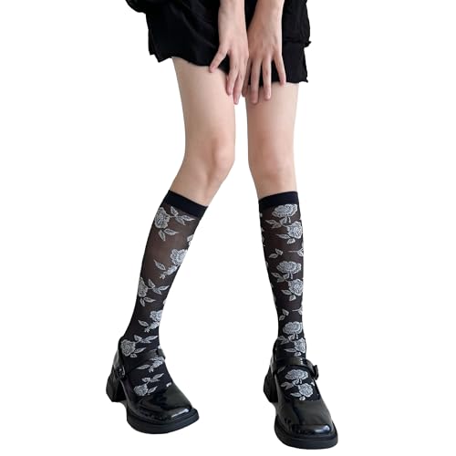 Leegmvse Women's Opaque Knee High Socks Elegant Vintage Floral Patterned Stockings Elasticity Stretchy Dress Socks for Daily Wear, Party, Dating & Fashion Outfits