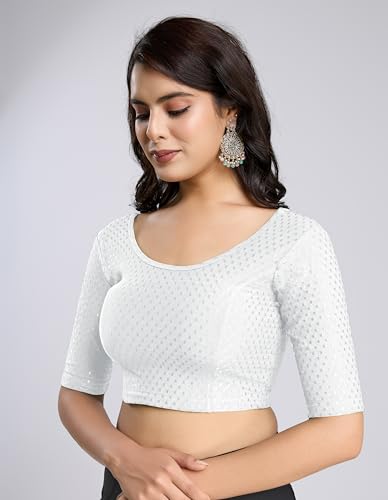 Image of TRENDMALLS Women's Dobby Pure Cotton Elastin Stretchable Readymade Round Neck Elbow Length Sleeves Blouse Choli Stylish Saree Blouse Ready to Wear