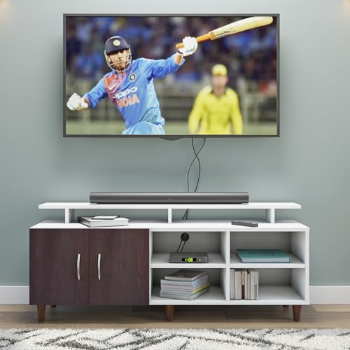 Image of VIKI Modern TV Unit for Living Room | Engineered Wood TV Cabinet with 2 Door Storage, 2 Open Shelves & Extension, Entertainment Unit, 140W x 48H x 40D cm | DIY | 1 Year Warranty (White & Wenge)