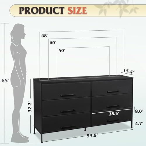image for WLIVE Wide Fabric Dresser, 6 Drawer Dresser TV Stand for 68