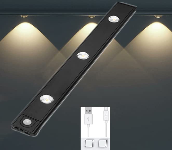 Motion Sensor Light,LED Rechargeable Cabinet Lights,Ultra-Thin Induction Night Light,Wireless Lighting for Wardrobe,Cupboard,Kitchen,Bookshelf,Showcase Pantry and Wine Cabinet (40CM, Black)