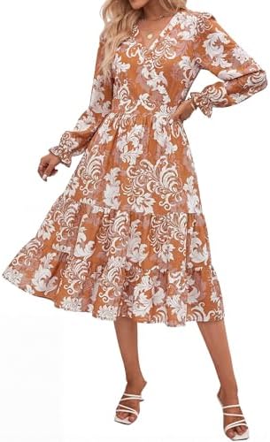 Women's Spring Boho Floral Midi Dress V Neck Long Sleeve Flowy Ca...