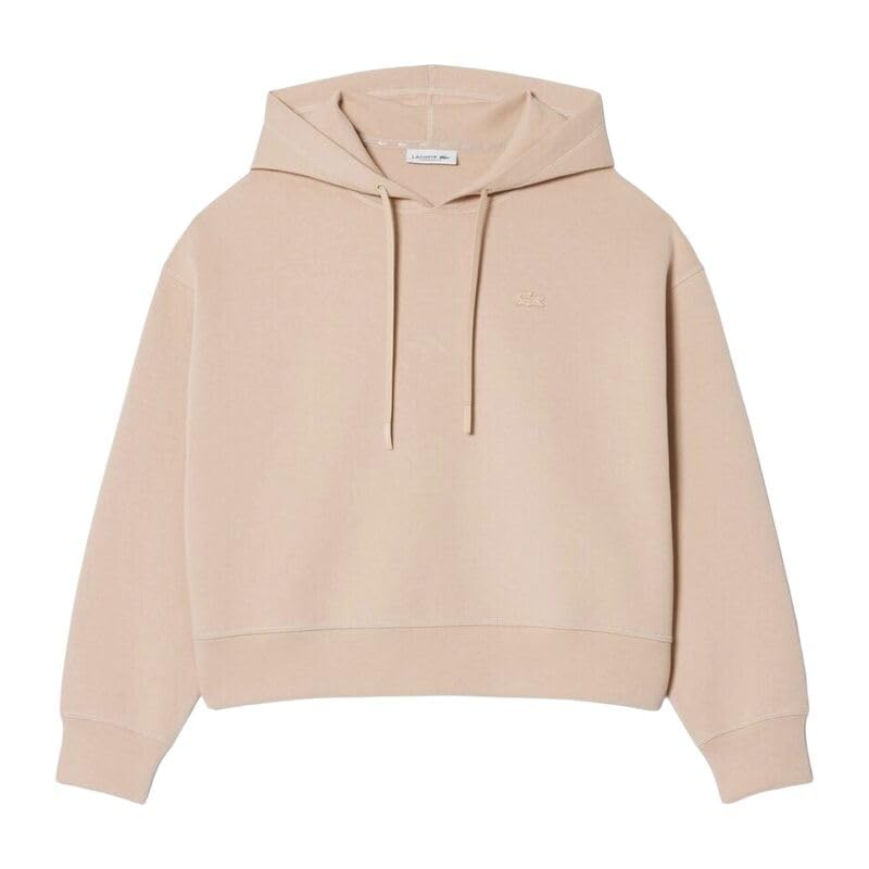 Lacoste Sudadera con Capucha Mujer Oversized Beige | Algodón Orgánico, Cocodrilo Bordado, Cordones Ajustables, Hombros Caídos, Pespunteado Decorativo
