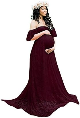 Women's Sexy Maternity Dress Lace Gown Maxi Photography Cold Shoulder Flare Sleeve Props Casual Nursing Long Dress (Wine Red, L)