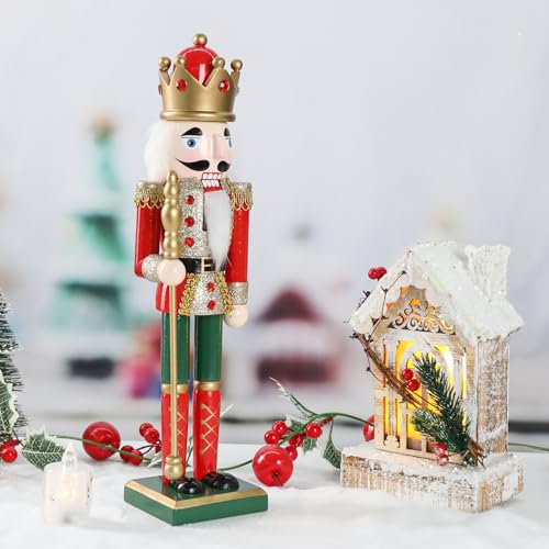 WONDER GARDEN Christmas Nutcracker Figures, 15 Inch Wooden King Soldier Nutcrackers, Red Christmas Ornaments for Shelves and Tables Decor