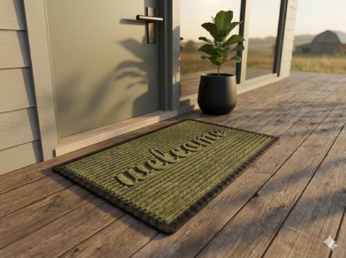 Image of Heavy Duty Front Door Mat 2x3 Feet, Outdoor Indoor Welcome Mat, Non Slip Dirt Trapper Entrance Rug for Entryway, Patio & Porch,Washable Low Profile Welcome Mat (Green Welcome 2 x 3 Feet)