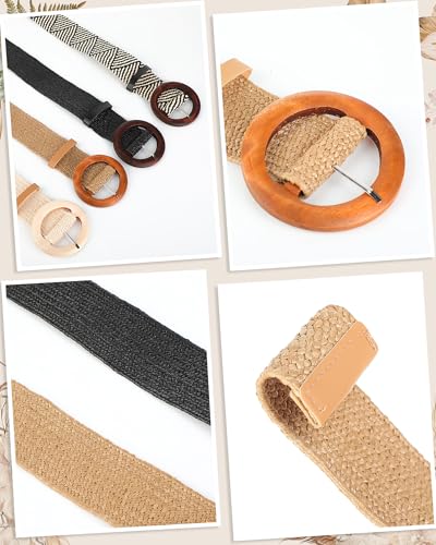 Image of WILLBOND 4 Pcs Women's Elastic Raffia Woven Belt, Boho Rattan Buckle Stretch Straw Wide Waist Belt for Dresses Jeans Pants