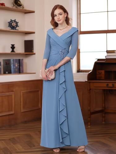 Chiffon Mother of The Bride Dresses for Wedding 3/4 Sleeves Long Ruched Applique Formal Evening Dress JH0252
