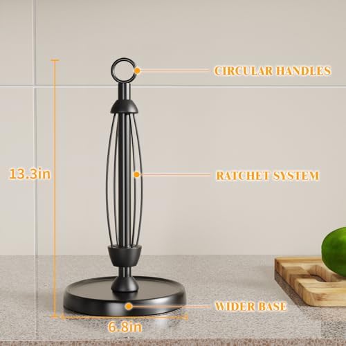Black Paper Towel Holder Countertop, One-Handed Tear, Stainless Steel, Weighted Base, Ring Paper Towel Holder Stand with Ratchet System for Kitchen Farmhouse Essentials Decor Accessories