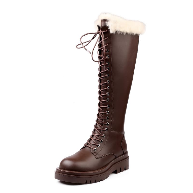 JIEEME Cuero de vaca+microfibra invierno rodilla botas altas punta redonda cremallera plana tacón bajo cordones botas de cadena larga para mujer z395s, marrón, 40 EU