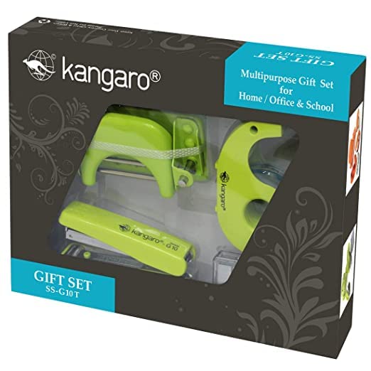 Kangaro Desk Essentials SS-G10T Multipurpose Gift Pack | Stationery Gift Set | Office Essentials | Stapler, Staples, Paper Punch & Tape Dispenser Pack | Office Combo Set | Parrot Green, Pack of 1