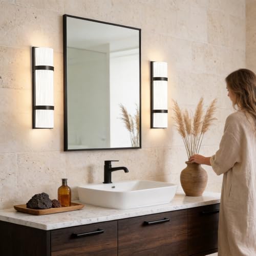Image of LED Bathroom 16 Inch Vanity Lighting Fixtures | CRI 90 4000K Matte Black Wall Sconces Set of Two with White Frosted Glass Lamp Shade | 120V 15W 1200LM Dimmable with Dimmer Switch(not Included)