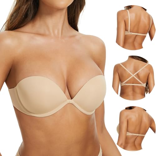 Women's Strapless Bra Push Up-Non Slip Invisible Underwire Low Back Multiway Support Padded Plunge Bra for Comfort Lift(Nude, 32A)