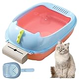 RMNHPTK Open Cat Litter Box, Anti-Splashing Cat Toilet with Litter Sifting Scoop Prevent Sand Leakage Cat Litter Pan Semi-Enclosed Removable Kitten Litter Box (Pink, Large)