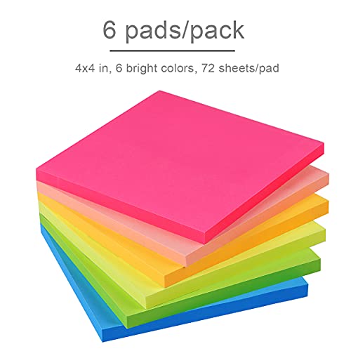 Image of Vanpad Sticky Notes 4x4 in Bright Stickies Colorful Super Sticking Power Memo Pads Strong Adhesive 6 Pads /Pack 72 Sheets /pad