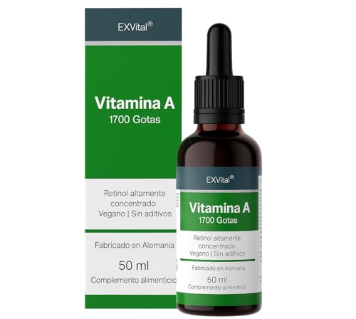 Gotas de Vitamina A EXVital 5000 UI (1500 µg), 50 ml (1700 gotas), Retinol líquido de alta dosis, vegano