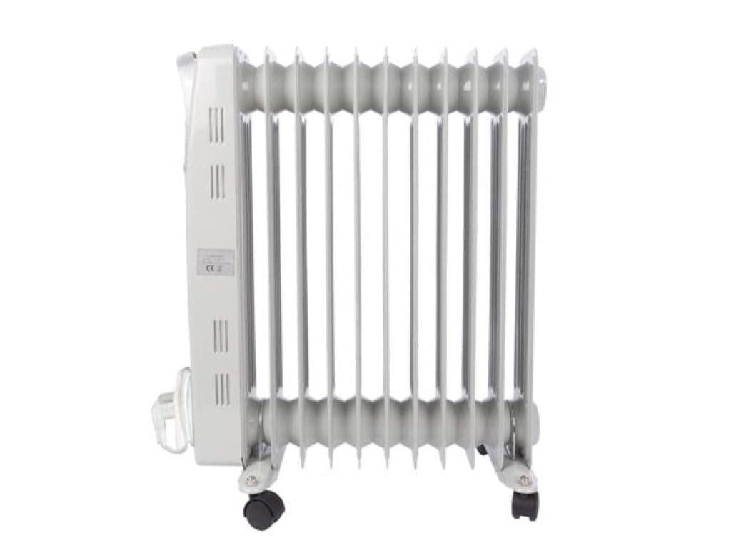 Perel Radiador de aceite de 2500W con 11 elementos, 3 niveles de calor, termostato ajustable, asa, ruedas, protección contra sobrecalentamiento y vuelco, calefactor portátil, silencioso y eficiente