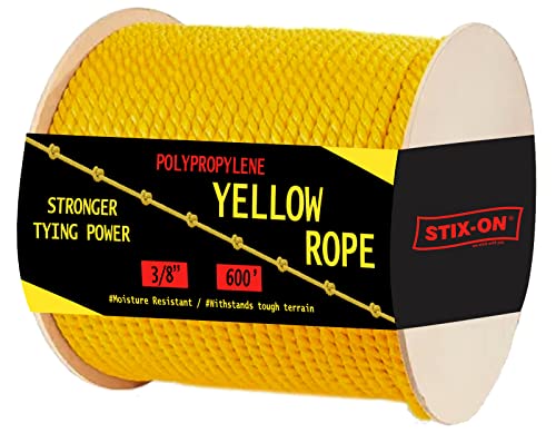 Polypropylene 600Ft3/8 Inch Twisted Nautical Heavy Duty Rope Oil Resistant Yellow - Ideal for Boats, Dock Increased Friction and Heat Resistance High Tensile Strength Marine Rope