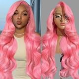 Loyom 28 Inch Pink Human Hair Wig 13x6 Body Wave HD Lace Front Wigs Human Hair Pre Plucked 200 Density Pink HD Lace Frontal Wigs 13x6