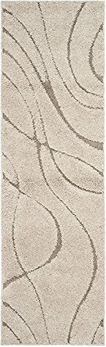 Image of Geometric Wave Shaggy Rectangular Carpet For Living Room,Bedroom,High Low Design Finish Microfiber 1.8 Inch Pile High,5X8 Feet Ivory|Beige Color
