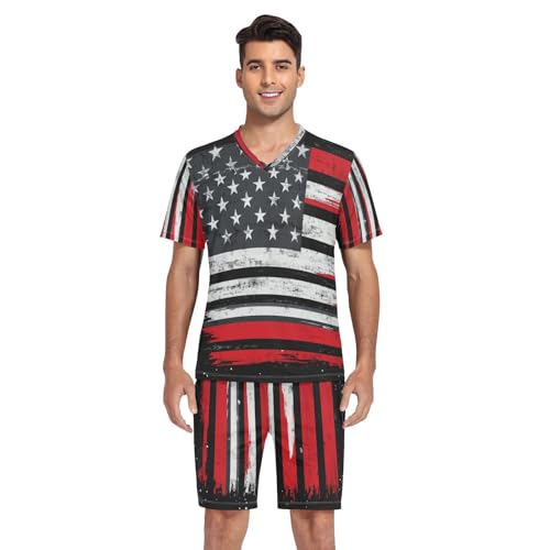 American Flag Men’s Pajama Sets Short Sleeve Lounge Wear with Elastic Waistband and Drawstring4