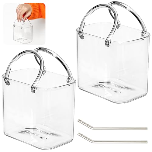 BONJUME 2PCS Verres, 750ML Verres à Vin Pour Sac à Main Transparents Avec Anses Pour Femme Bouteille De Vin Carrée Décorative Et Moderne Faite à La Main Pour Les Jus De Fruits Le Thé Les Fleurs