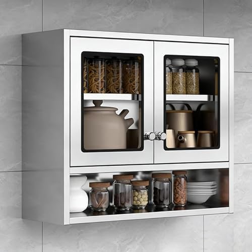 Adjustable Kitchen Wall Cabinet with 3 Tempered Glass Doors, Rustproof & Waterproof Storage Shelves, Space-Saving Organizer for Kitchen & Bathroom (80cm)