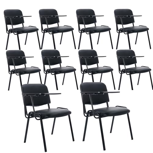 Image of HNY Black Tablet Arm Chairs Set of 10, PU Comfort Office Waiting Room Guest Nesting Stacking Reception Chairs with Flip-Up Table Conference Chair for School Classroom Training Meeting Room
