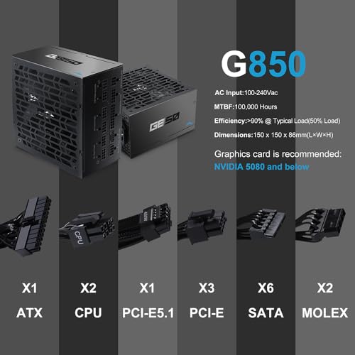 SAMA G850 850W Full Modular Power Supply – 80 Plus Gold Certified | ATX 3.1 & PCIe 5.1 Ready | 12V-2x6 GPU Power, Fanless ECO Mode, Fully Modular, Japanese Capacitors – Compact PSU – Black - Thumbnail 6