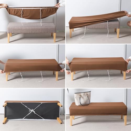 Image of HOKIPO 'SereneSolids' 140 GSM Dining Bench Cover Stretchable Slipcover, Brown (AR-6245-BR)