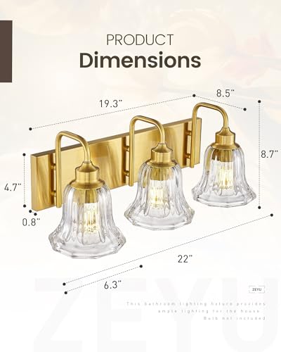 Image of zeyu 3-Light Gold Bathroom Vanity Light with Clear Striped Glass, Modern Brass Vanity Light for Bathroom Mirror, 22 Inch Bathroom Lights Over Mirror, ZJX117B-3W BG