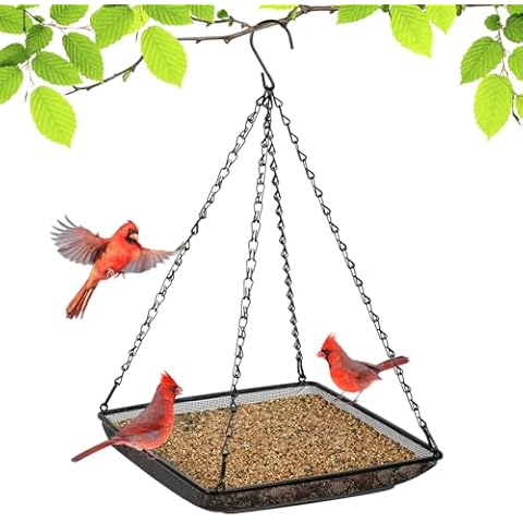 MIXXIDEA Hanging Bird Feeder Tray 11x11 Inches, Metal Mesh Platform Seed Feeder with Durable Chains for Outdoors Outside Great for Attracting Wild Birds, 1 Pack Cover