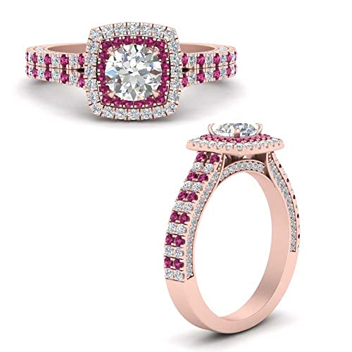 Image of 55Carat Choose Your Gemstone Double Band Square Halo Diamond CZ Ring 18K Rose Gold Plated Round Shape Halo Engagement Rings Everyday Jewelry Wedding Jewelry Handmade Gifts for Wife US Size 4 to 12