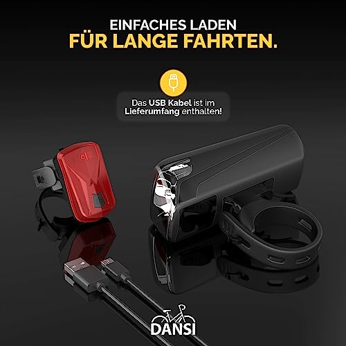 DANSI Fahrradleuchten-Set StVZO I LED-Fahrradlicht I Rad-Licht hell vorne + hinten I umschaltbar 15-100 Lux I Rücklicht & Frontleuchte I Regenfest I Fahrradlampe I bike light