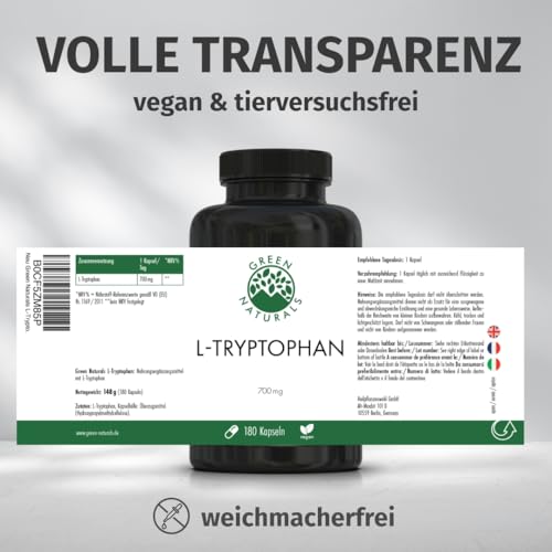Green Naturals® L-Tryptophan Kapseln – Hochdosiert: 700 mg aus natürlicher Fermentation (rein pflanzlich) – 100% Vegan & ohne Zusätze – Premiumqualität aus Österreich – 180 Kapseln (6 Monate)