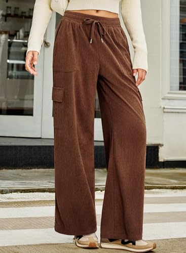 Sidefeel Womens Corduroy Pants Casual High Waisted Elastic Drawstring Cargo Loose Fit Wide Leg Pants with Pockets2