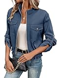 EVALESS Womens Full Zipper Blue Cropped Jacket Roll Tab Sleeve Trendy 2024 Shacket Flap Pocket Loose Summer Solid Outwear Medium