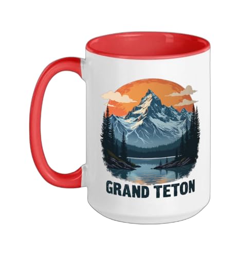 Grand Teton Mountain Wilderness Sunset View Ceramic Mug, Red/White, 15oz