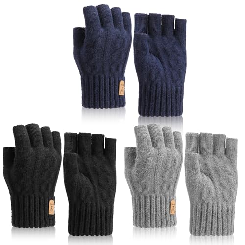 Utensilsto 3 Paar Fingerlose Handschuhe Herren Damen Winterhandschuhe Thermo Halbfinger Strickhandschuhe Fingerless Gloves für Laufen, Radfahren, Fahren...