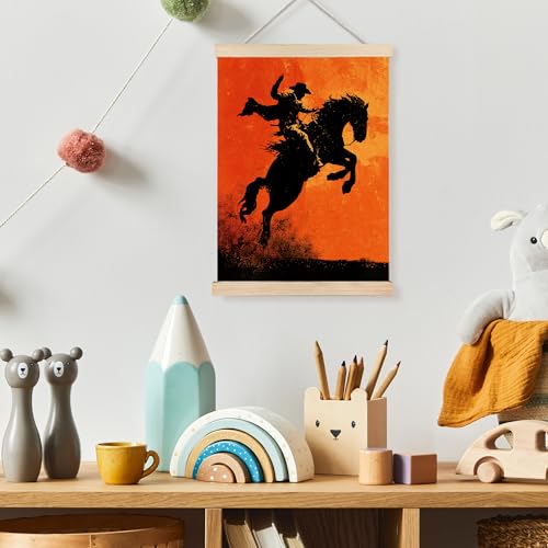 Image of PQKIY Rustic Western Cowboy Wall Art Poster Hanger Frame 12x16 in, Retro Orange Southwestern Desert Sunset Rodeo Horse Cowboy Wall Decor Canvas Prints for Home Room Office Men Cave
